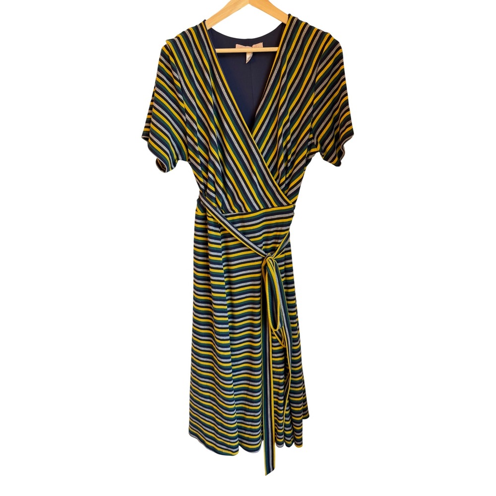 Hutch Wrap Dress 2X Green Yellow Blue Stripe Ribbed Knit Short Sleeve Midi